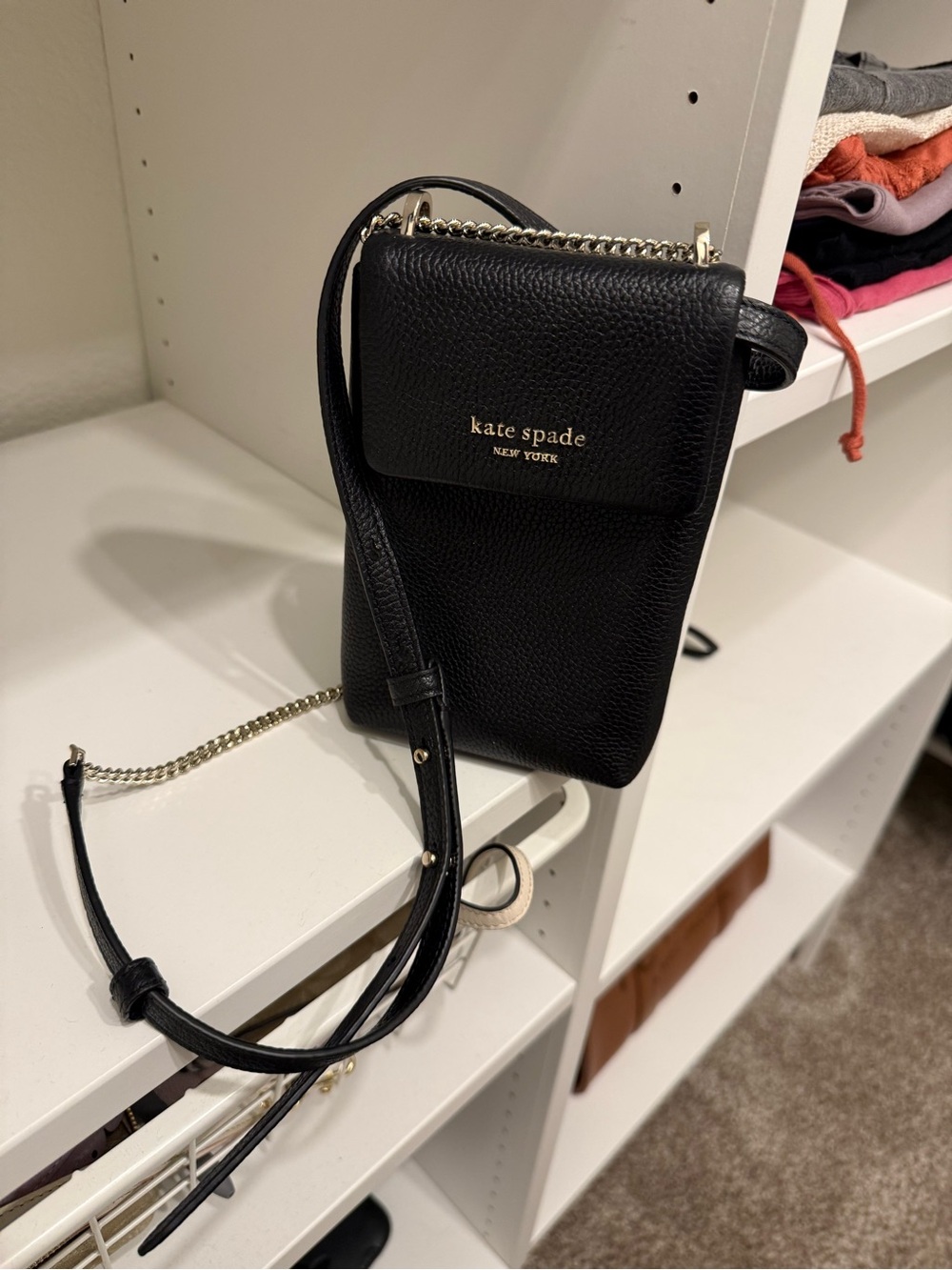 kate spade Black Pebbled Leather Crossbody Phone Pouch with Gold Chain